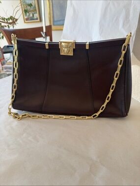 Kieselstein-Cord Gold-Trim Dark Brown Leather Shoulder Bag with Chain Strap